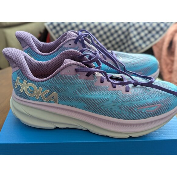 Hoka One One Clifton 9 Womens Running Shoes Size 11B Light Blue & Purple Mesh - Picture 1 of 6